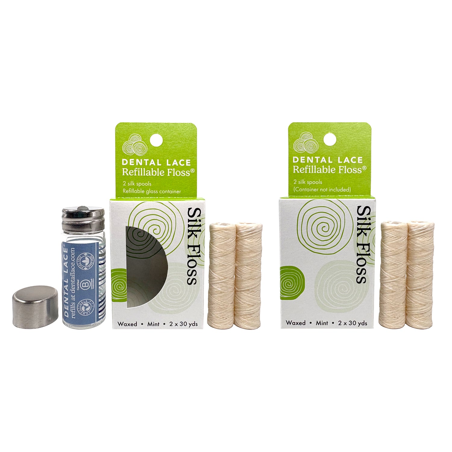 Dental Lace refillable floss boxes with a waves labeled glass container and four silk floss refill spools. 