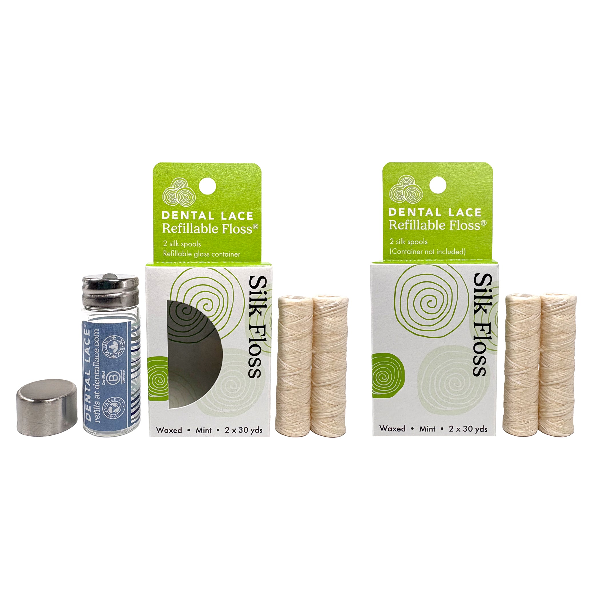 Dental Lace refillable floss boxes with a waves labeled glass container and four silk floss refill spools. 