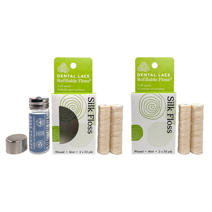 Dental Lace refillable floss boxes with a waves labeled glass container and four silk floss refill spools. 