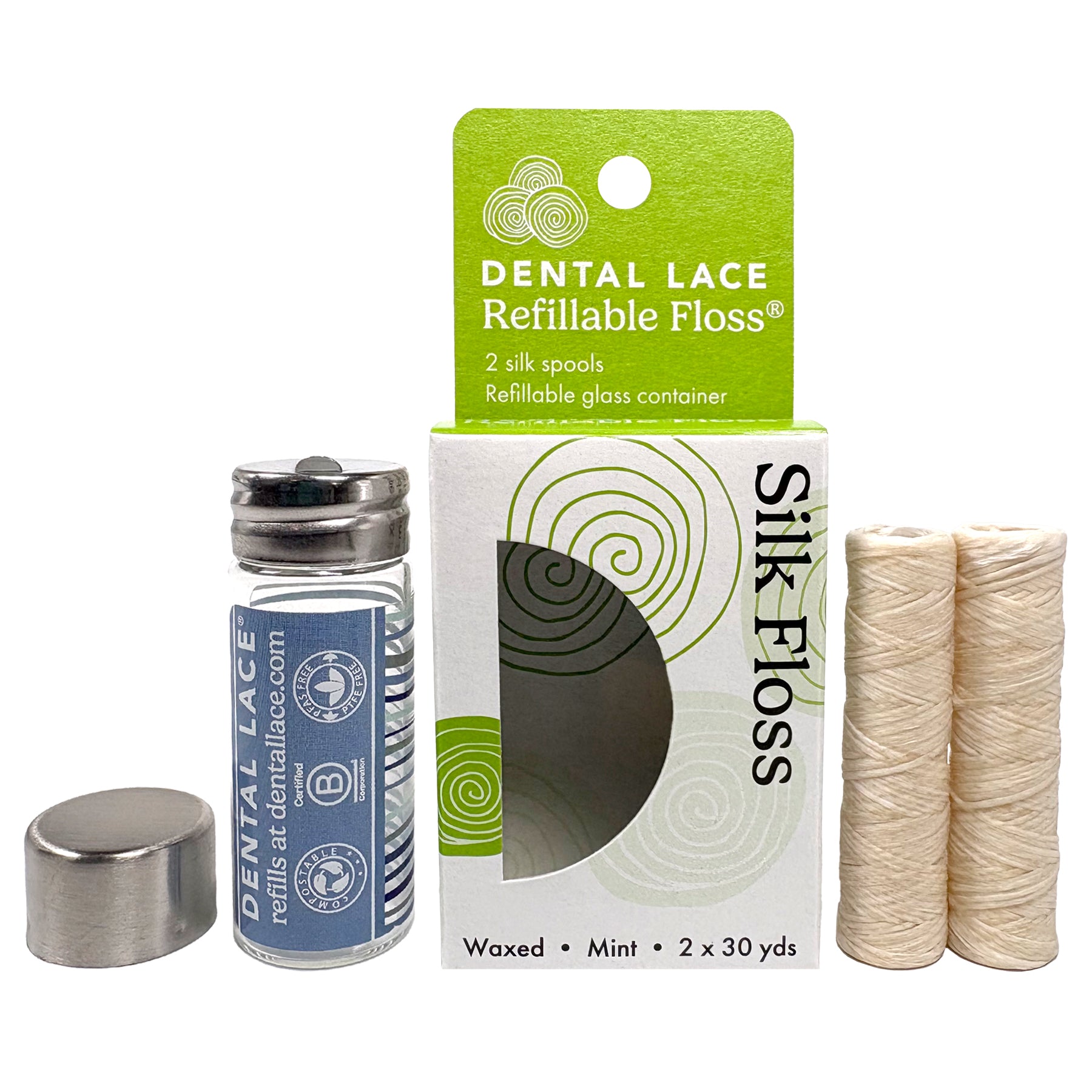 Dental Lace waves labeled Glass Container with two silk refill spools in a white and green box. 