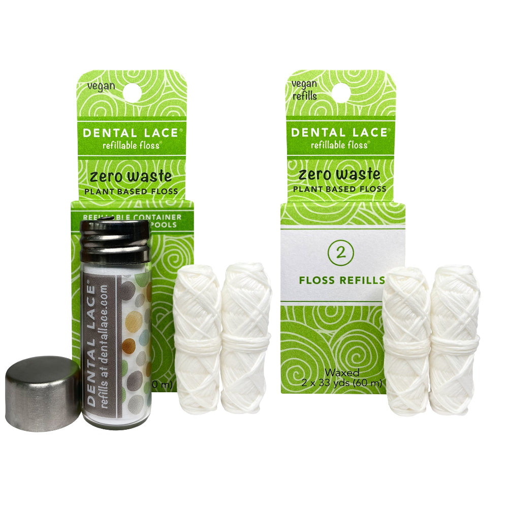 Dental Lace plant based floss spools (4) with container in a green packaging and a white background.