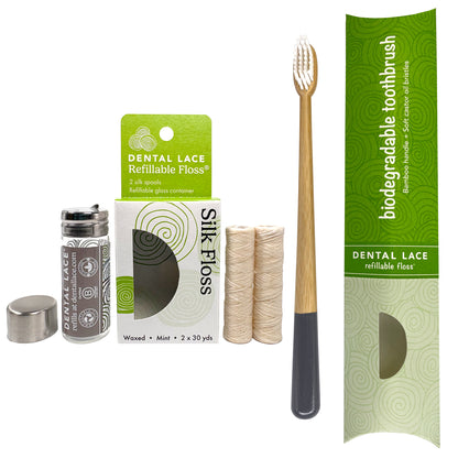 Silk Dental Floss in Refillable Glass Container | PFAS-Free, Compostable, Certified BioBased (2 Spools/4-Month Supply) &amp; Bamboo Toothbrush Bundle