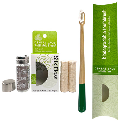 Silk Dental Floss in Refillable Glass Container | PFAS-Free, Compostable, Certified BioBased (2 Spools/4-Month Supply) &amp; Bamboo Toothbrush Bundle