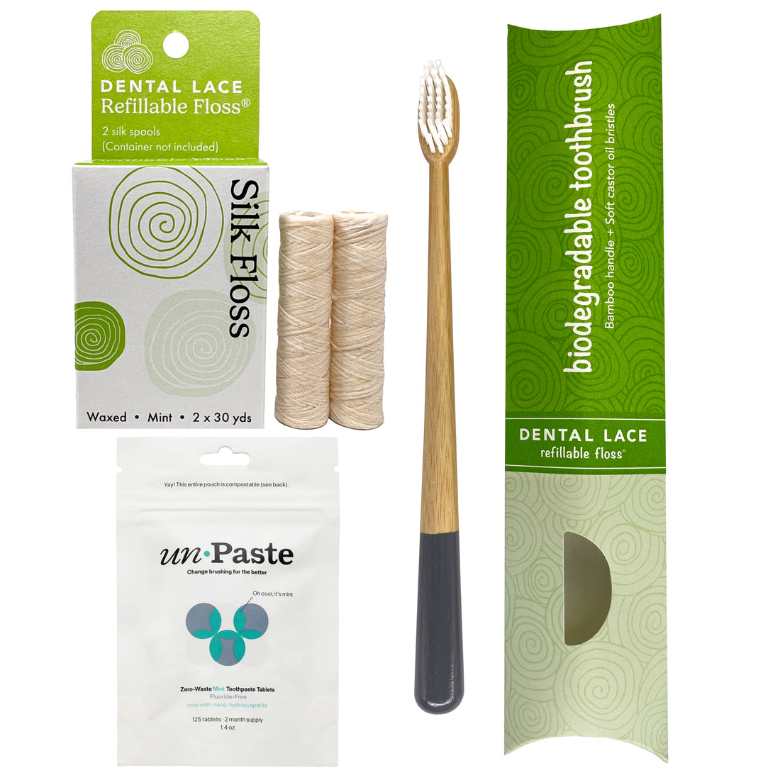 Silk Dental Floss Refills,  Bamboo Toothbrush &amp; Fluoride Free Toothpaste Tablets Bundle