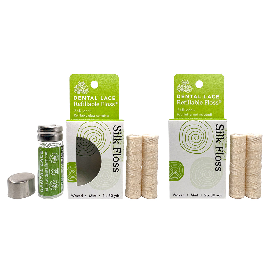 Silk Dental Floss in Refillable Glass Container &amp; Refills | PFAS-Free, Compostable, Certified BioBased (4 Spools/8-Month Supply)
