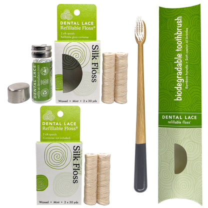Dental Lace 8 Month PTFE &amp; PFAS Free Silk Floss Bundle with Bamboo Toothbrush - ON BACKORDER