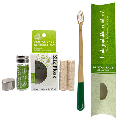 Silk Dental Floss in Refillable Glass Container | PFAS-Free, Compostable, Certified BioBased (2 Spools/4-Month Supply) &amp; Bamboo Toothbrush Bundle