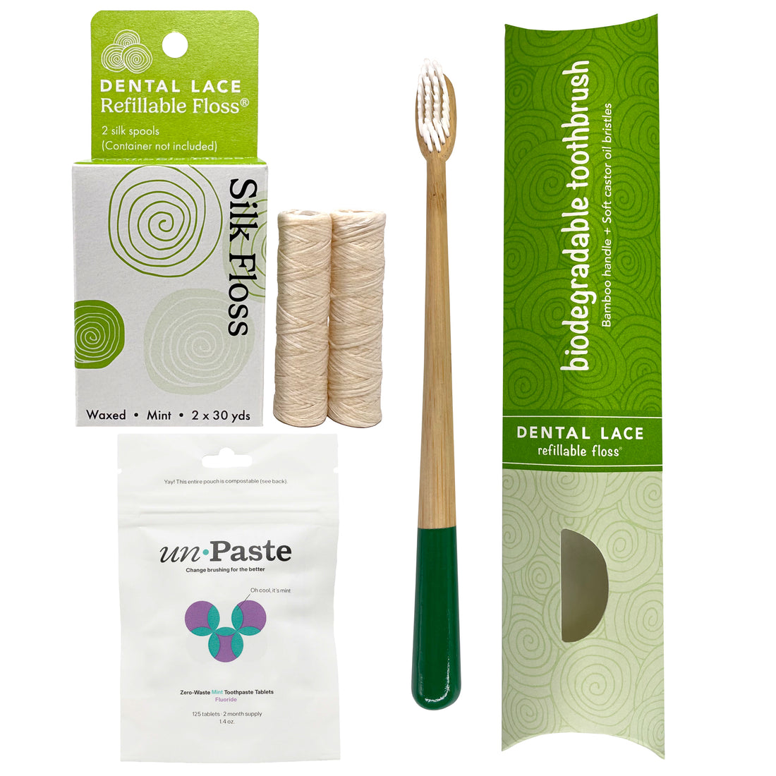 Silk Dental Floss Refills, Bamboo Toothbrush &amp; Fluoride Toothpaste Tablets Bundle