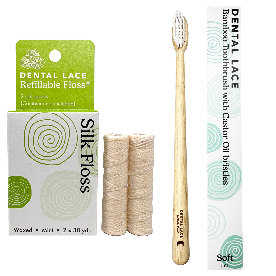 Dental Lace refillable floss set with a bamboo toothbrush, two waxed silk floss spools, and packaging on a white background.