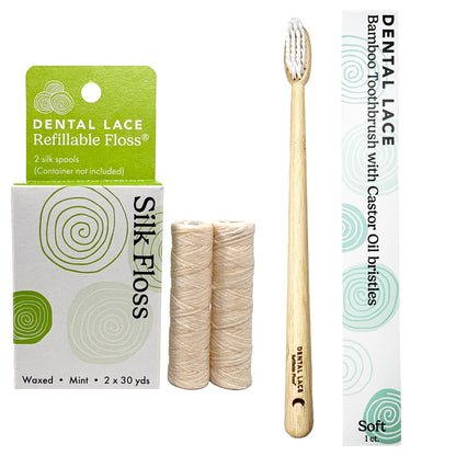 Dental Lace refillable floss set with a bamboo toothbrush, two waxed silk floss spools, and packaging on a white background.