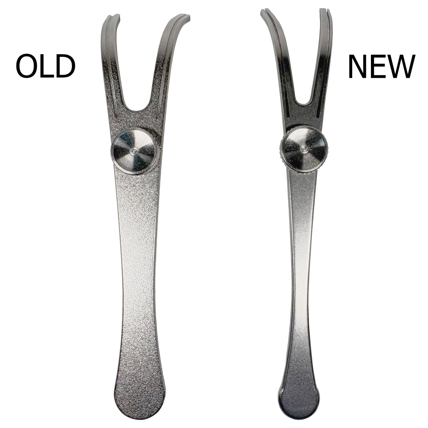 New vs Old side by side comparison.  Stainless Steel Refillable Flosser with a curved design on a white background