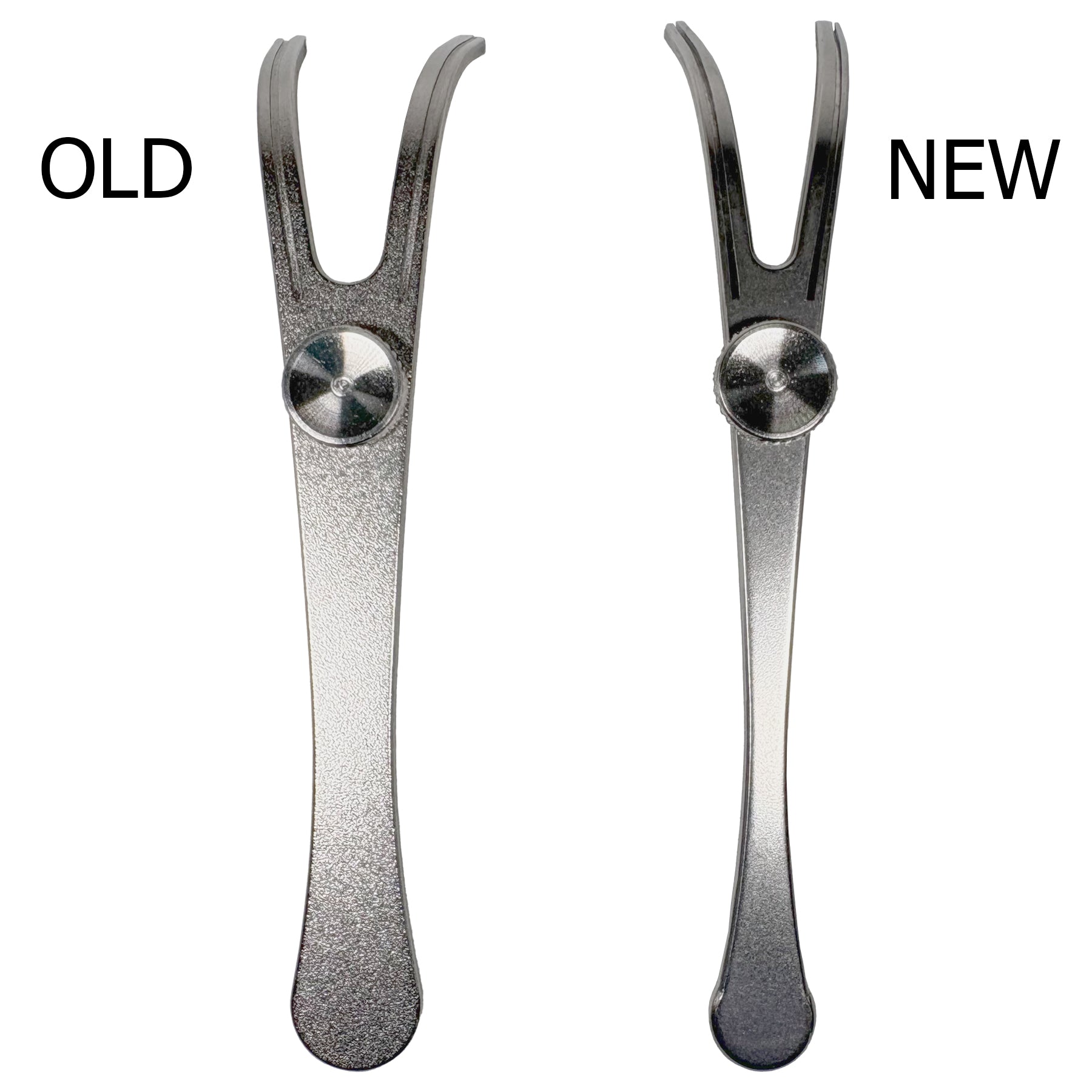 New vs Old side by side comparison.  Stainless Steel Refillable Flosser with a curved design on a white background