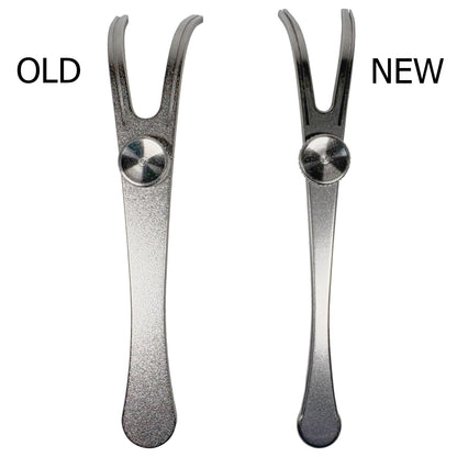 New vs Old side by side comparison.  Stainless Steel Refillable Flosser with a curved design on a white background