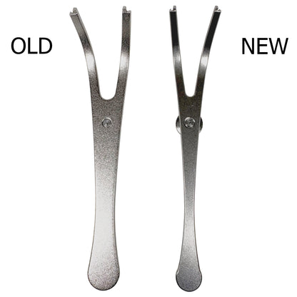 New vs Old side by side comparison.  Stainless Steel Refillable Flosser with a curved design on a white background