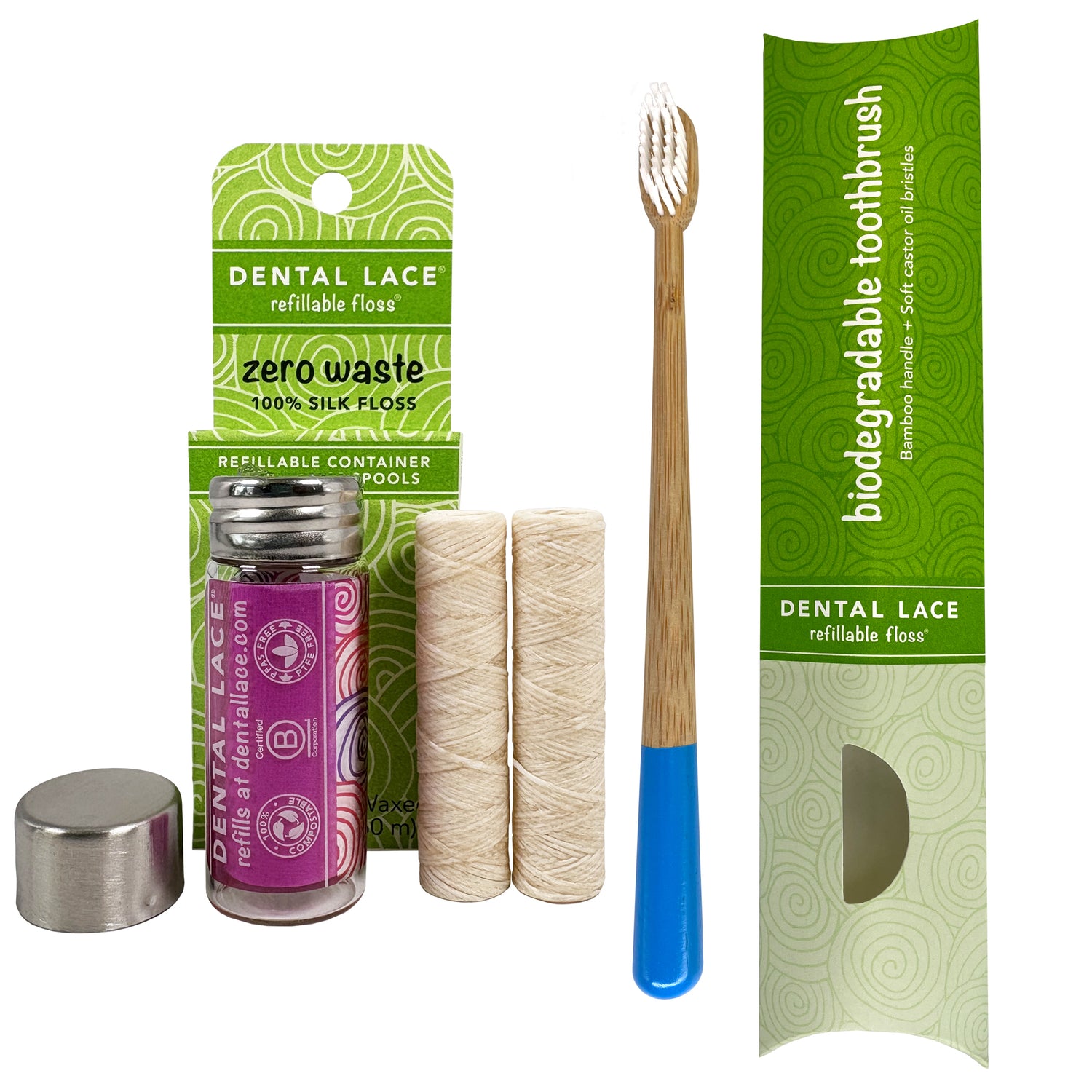 Silk Dental Floss in Refillable Glass Container | PFAS-Free, BPA-Free, Certified BioBased (2 Spools/4-Month Supply) &amp; Bamboo Toothbrush Bundle