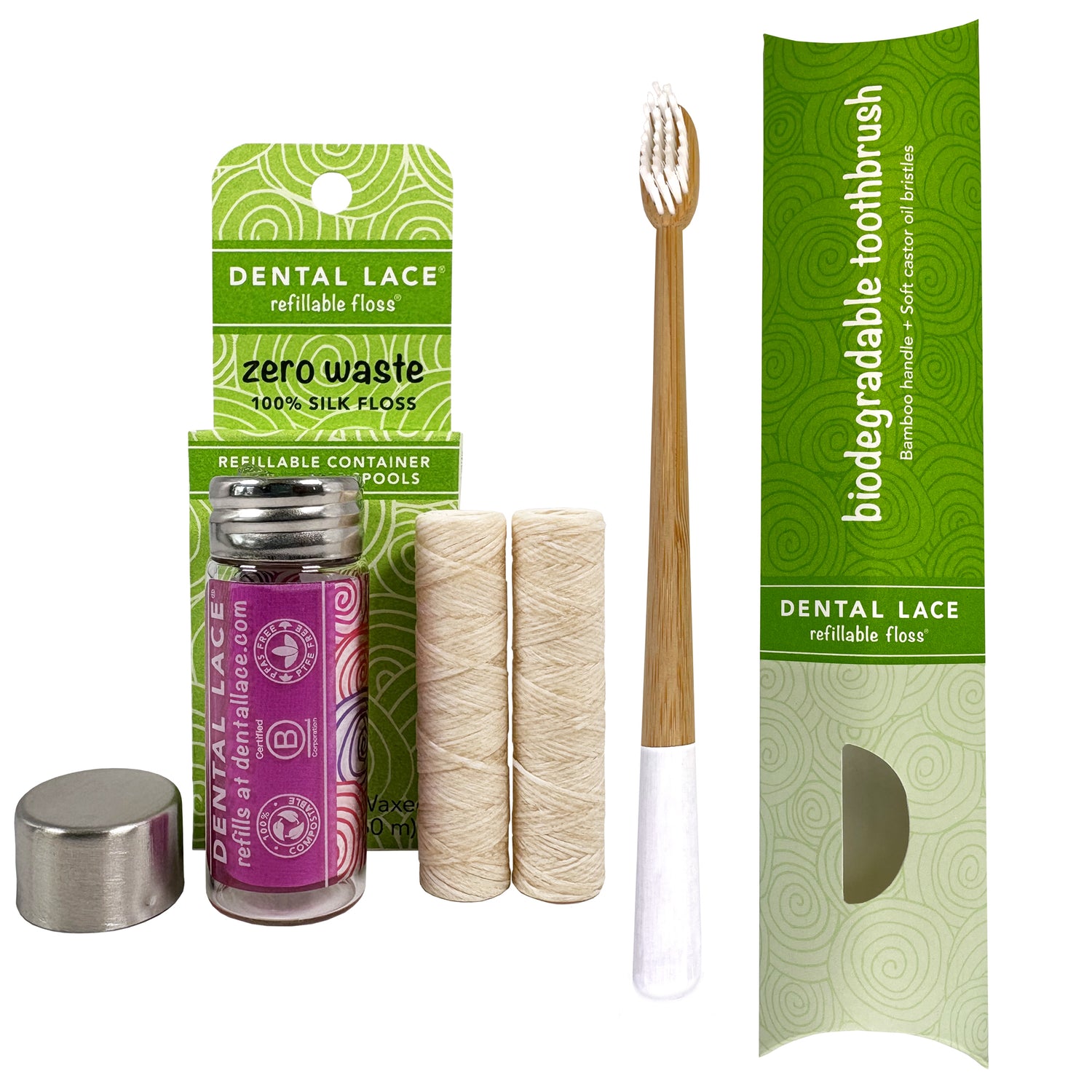 Silk Dental Floss in Refillable Glass Container | PFAS-Free, BPA-Free, Certified BioBased (2 Spools/4-Month Supply) &amp; Bamboo Toothbrush Bundle