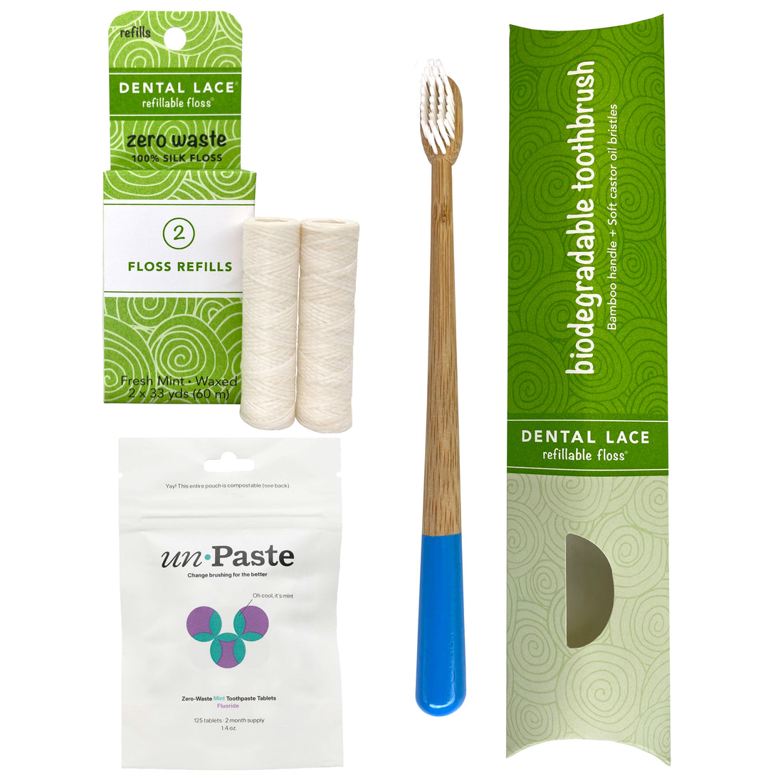 Silk Dental Floss Refills, Bamboo Toothbrush &amp; Fluoride Toothpaste Tablets Bundle
