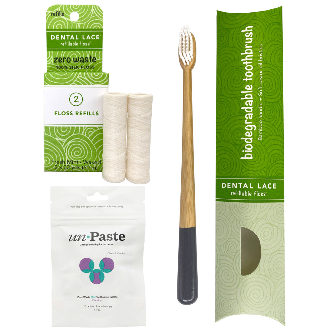 Silk Dental Floss Refills, Bamboo Toothbrush &amp; Fluoride Toothpaste Tablets Bundle