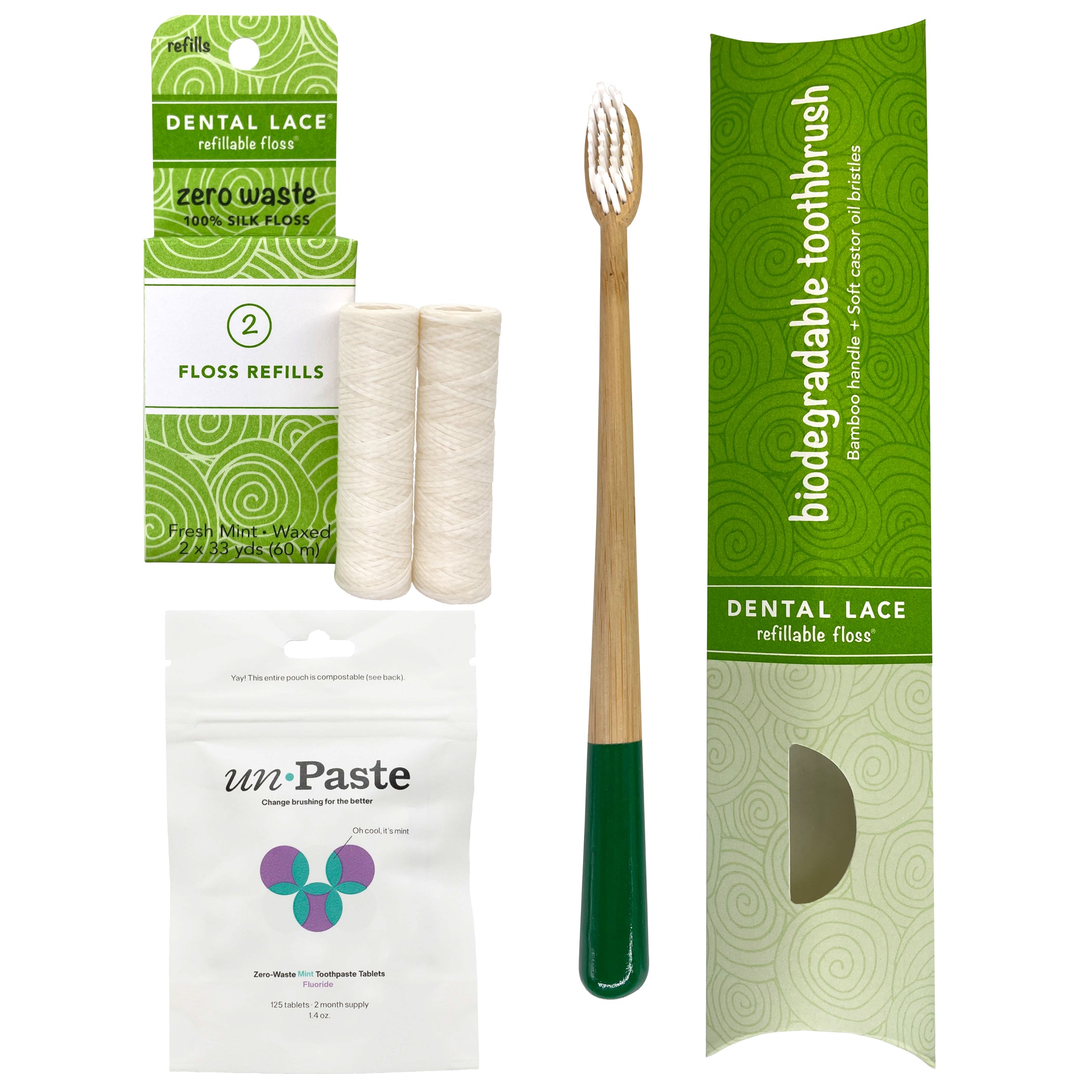 Silk Dental Floss Refills, Bamboo Toothbrush &amp; Fluoride Toothpaste Tablets Bundle