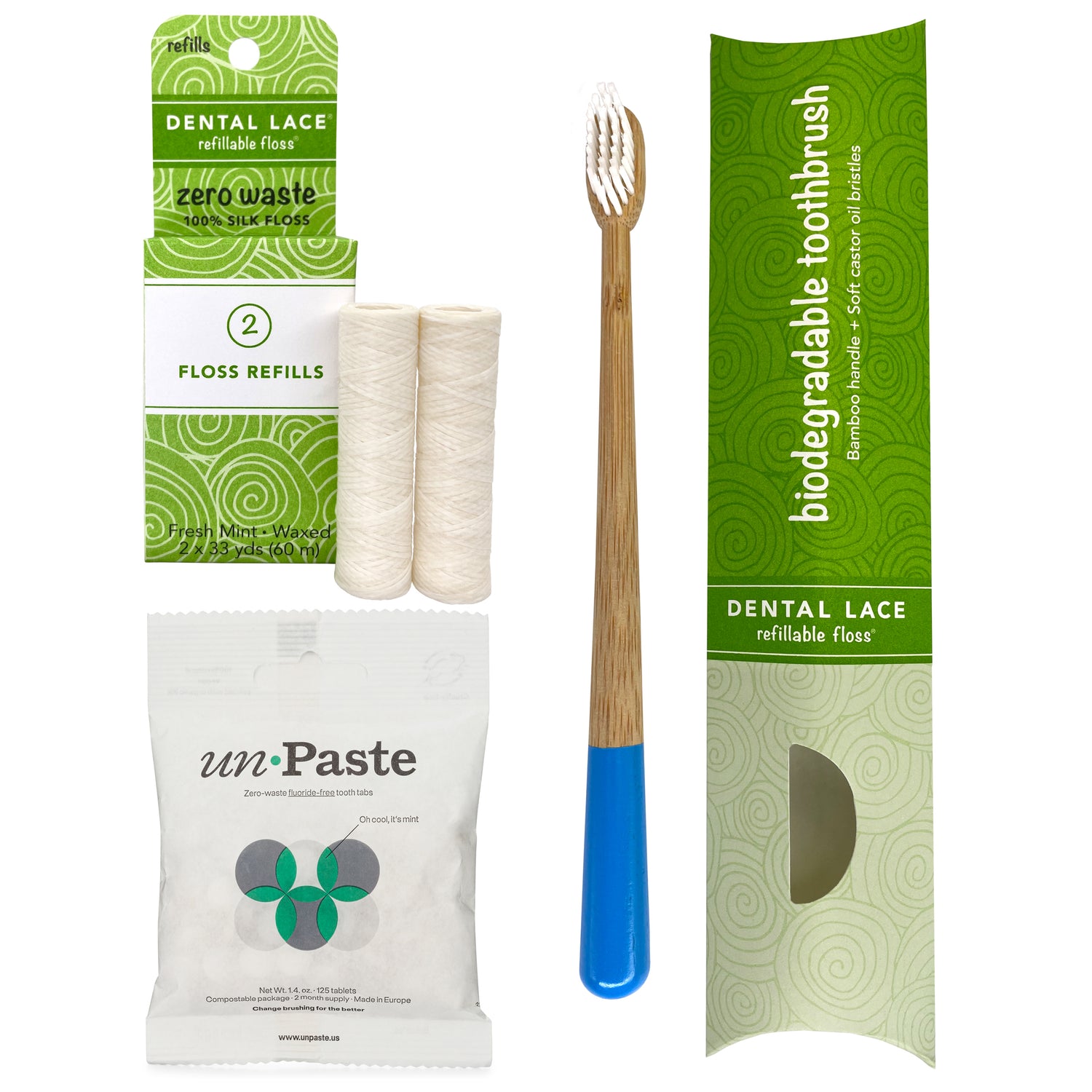 Dental Lace PTFE &amp; PFAS Free Silk Refills, Bamboo Toothbrush &amp; Fluoride Free Toothpaste Tablets Bundle