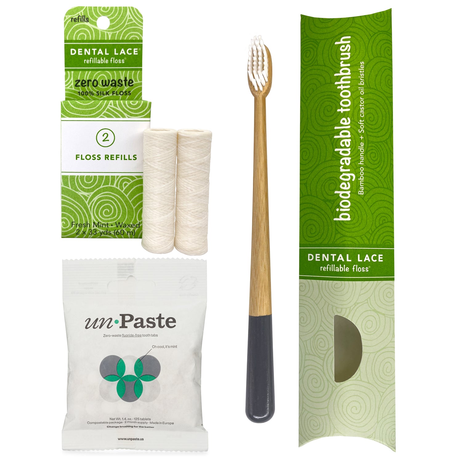 Dental Lace PTFE &amp; PFAS Free Silk Refills, Bamboo Toothbrush &amp; Fluoride Free Toothpaste Tablets Bundle