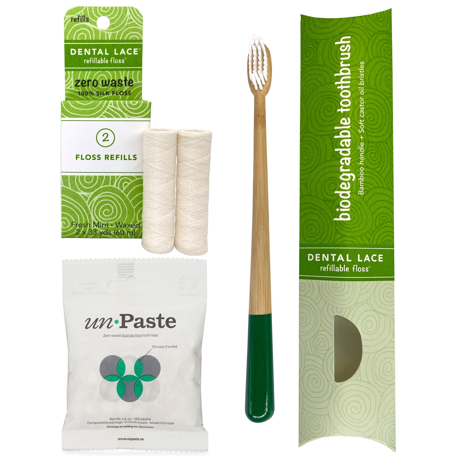 Dental Lace PTFE &amp; PFAS Free Silk Refills, Bamboo Toothbrush &amp; Fluoride Free Toothpaste Tablets Bundle