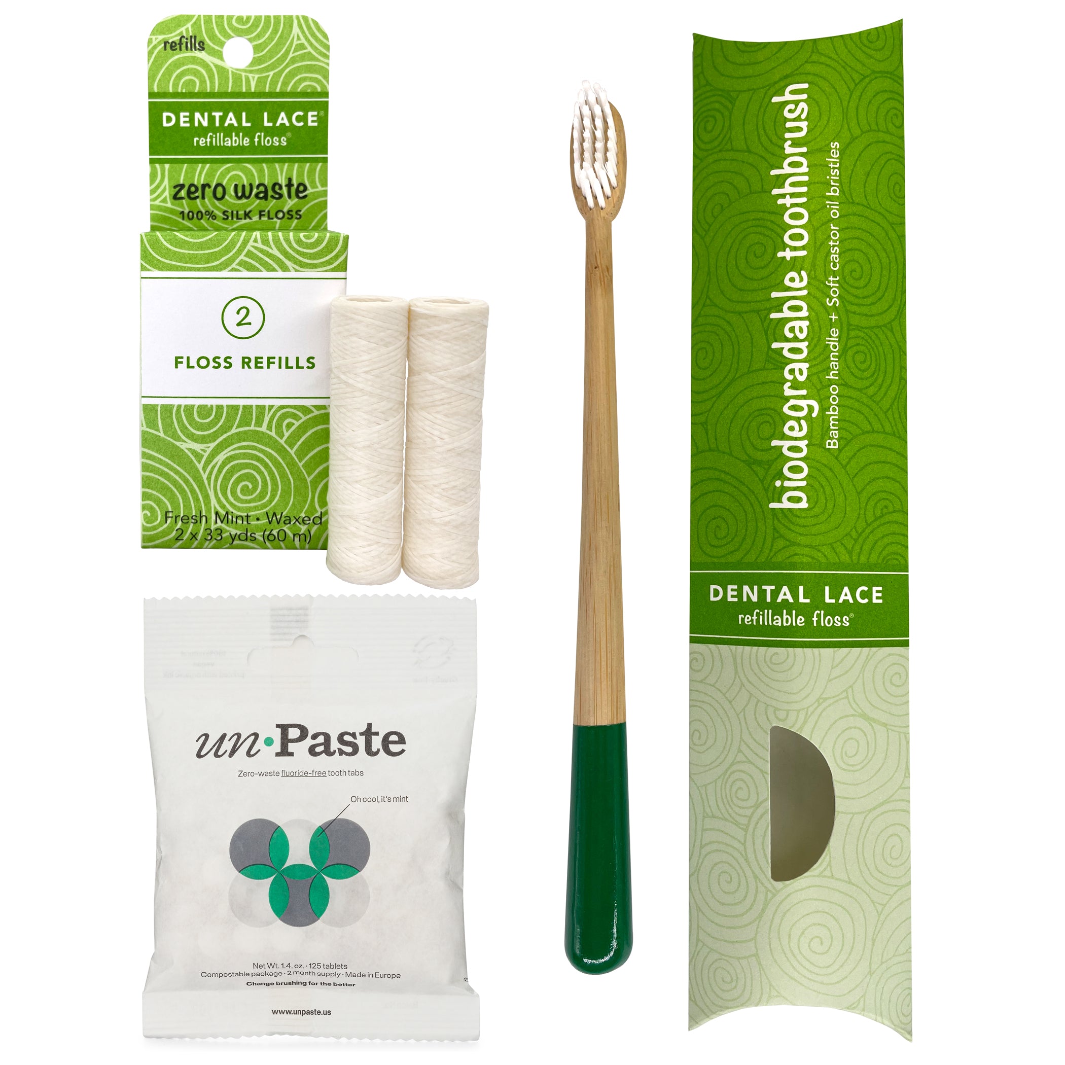 Dental Lace PTFE &amp; PFAS Free Silk Refills, Bamboo Toothbrush &amp; Fluoride Free Toothpaste Tablets Bundle