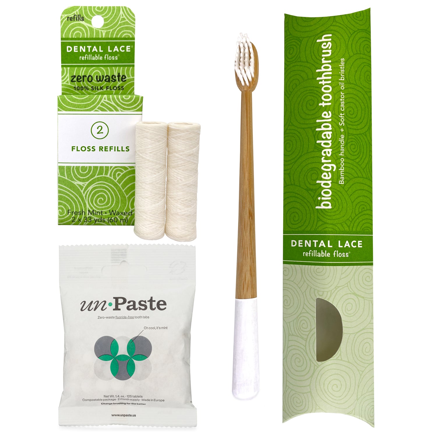 Dental Lace PTFE &amp; PFAS Free Silk Refills, Bamboo Toothbrush &amp; Fluoride Free Toothpaste Tablets Bundle