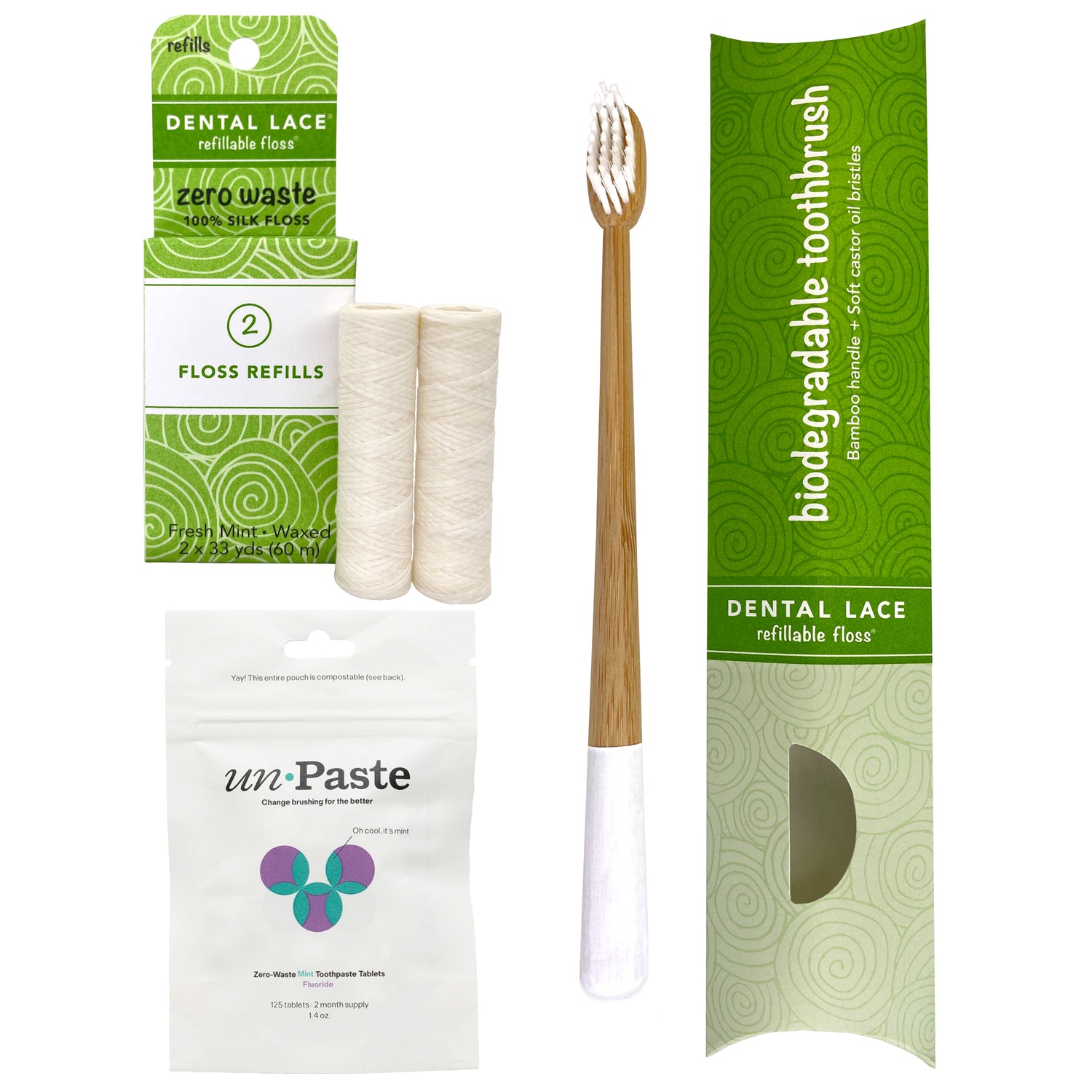 Silk Dental Floss Refills, Bamboo Toothbrush &amp; Fluoride Toothpaste Tablets Bundle