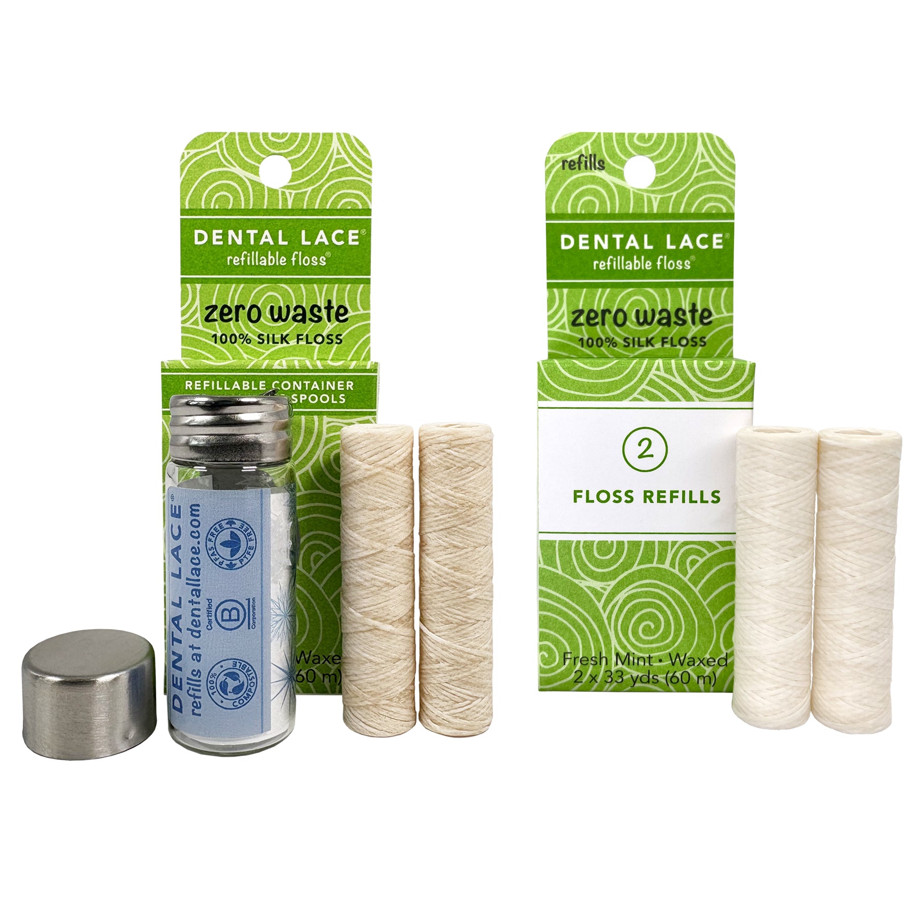 Silk Dental Floss in Refillable Glass Container &amp; Refills | PFAS-Free, Compostable, Certified BioBased (4 Spools/8-Month Supply)