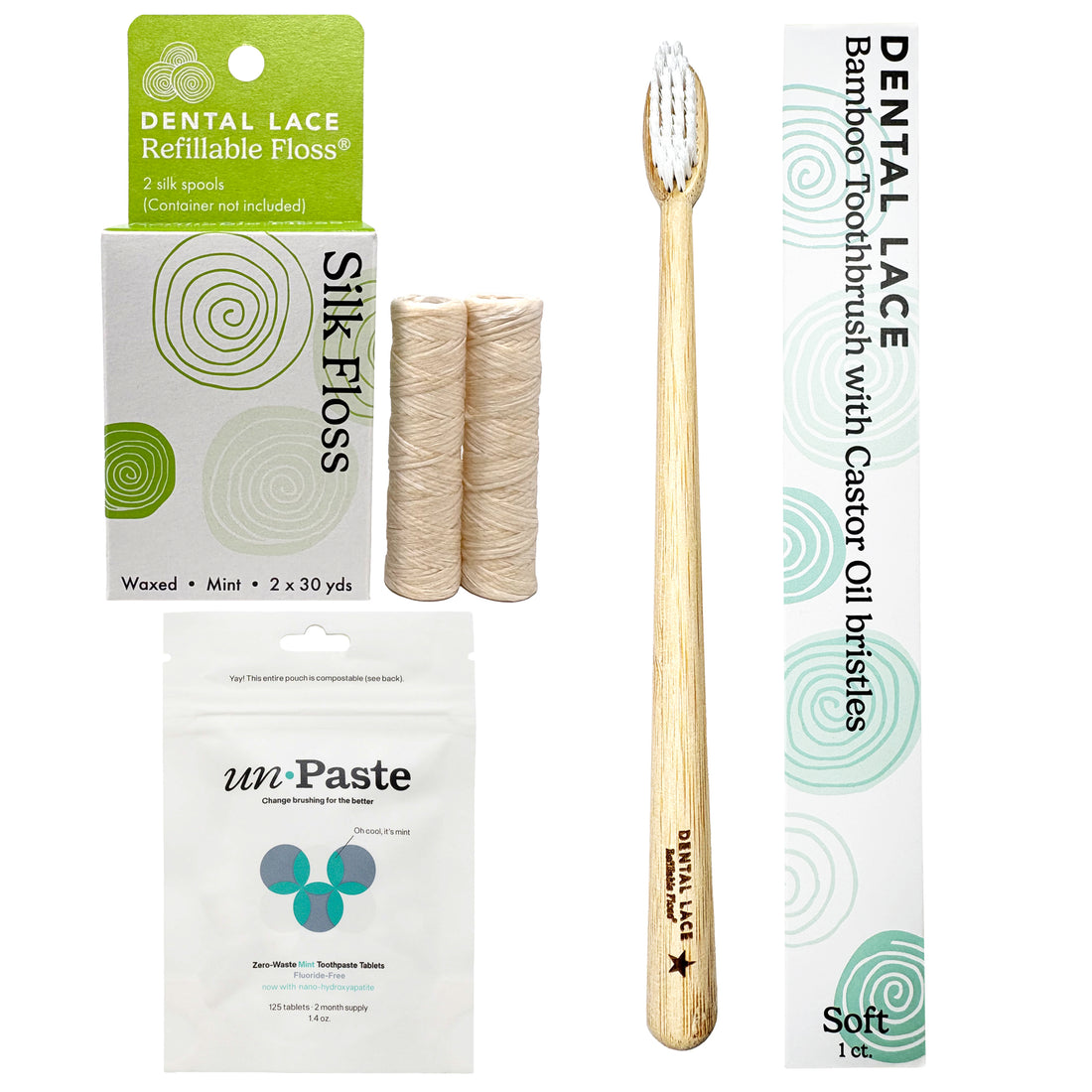 Dental lace bamboo toothbrush set with a wooden toothbrush, silk floss refills, unPaste toothpaste, and branded packaging on a white background.