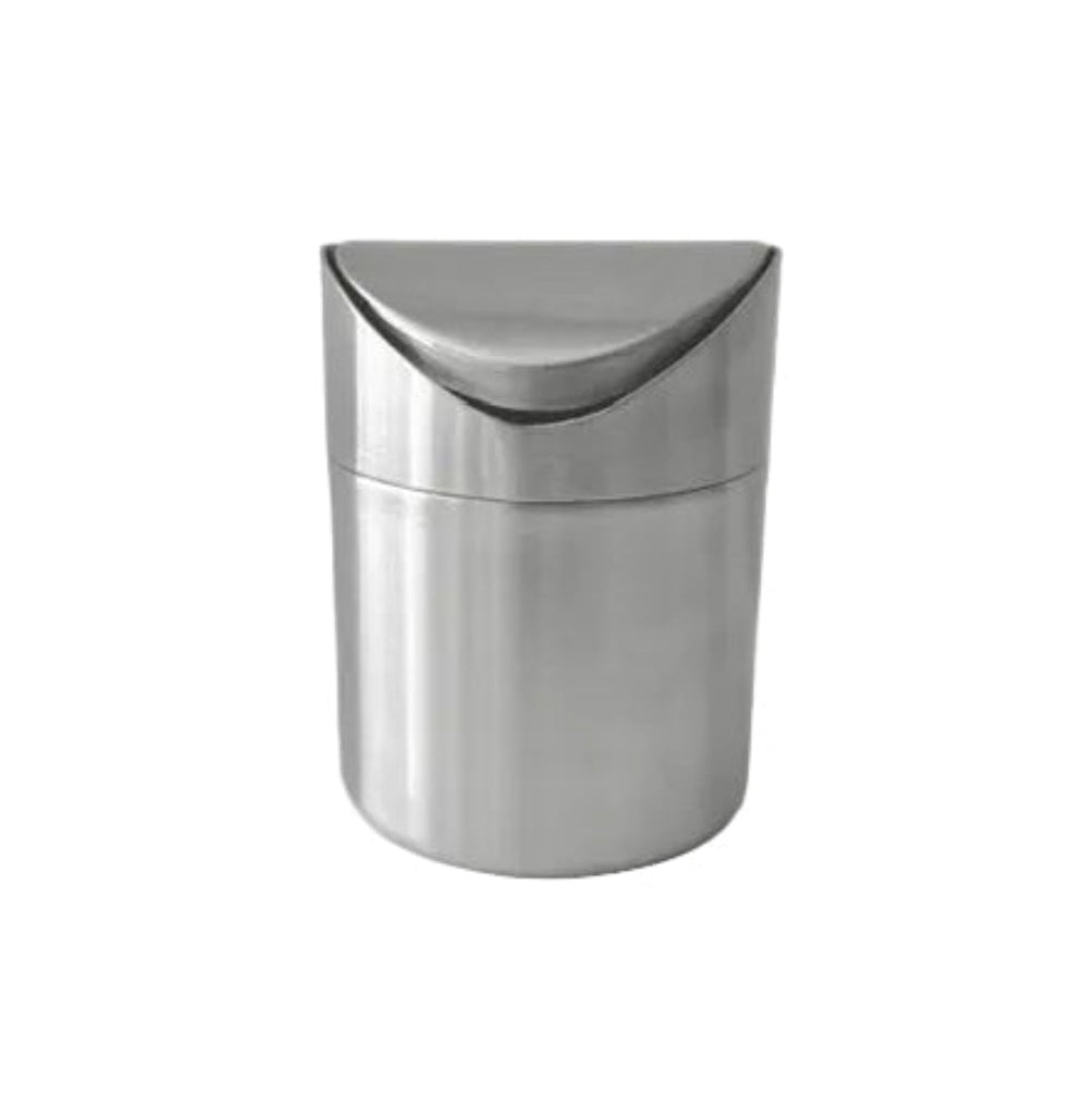 A brushed stainless steel cylindrical container with a matching semi-circular hinged lid, shown on a clean white surface against a light gray background.