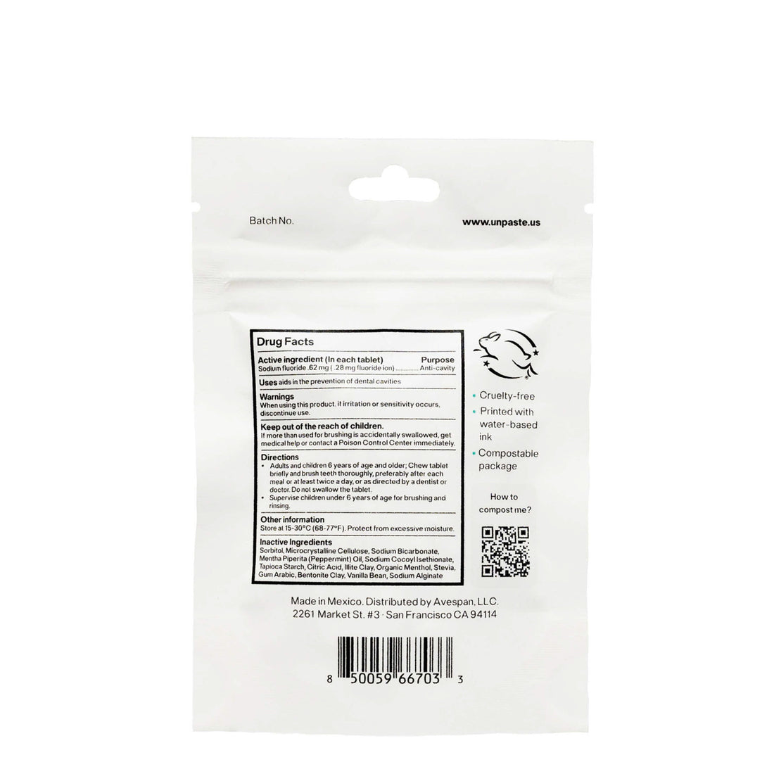 Back of a white packaging pouch with text and a QR code on a white background