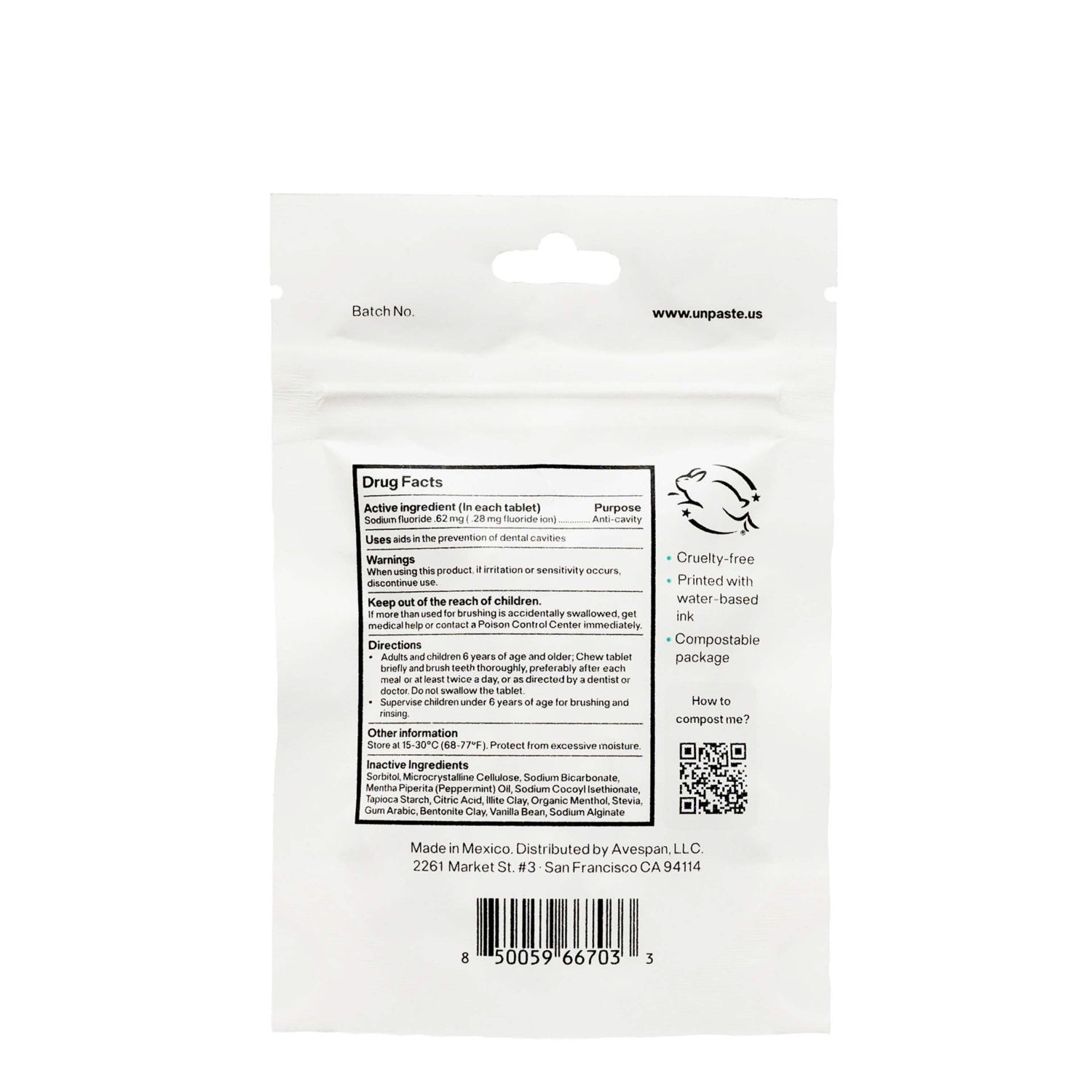 Back of a white packaging pouch with text and a QR code on a white background