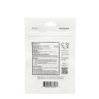Back of a white packaging pouch with text and a QR code on a white background