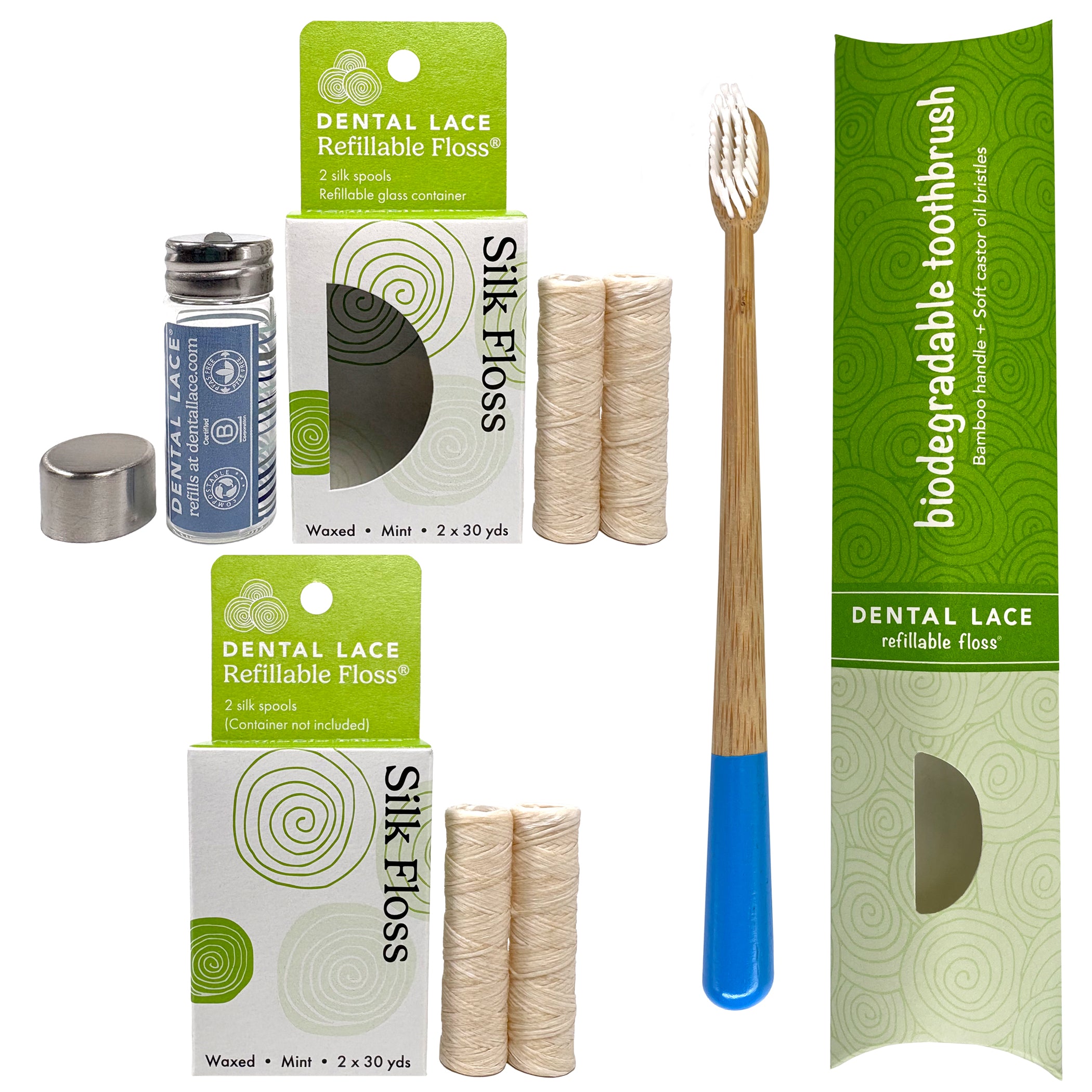 Dental Lace 8 Month PTFE &amp; PFAS Free Silk Floss Bundle with Bamboo Toothbrush