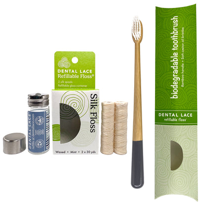 Silk Dental Floss in Refillable Glass Container | PFAS-Free, Compostable, Certified BioBased (2 Spools/4-Month Supply) &amp; Bamboo Toothbrush Bundle