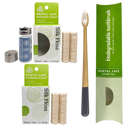 Dental Lace 8 Month PTFE &amp; PFAS Free Silk Floss Bundle with Bamboo Toothbrush - ON BACKORDER