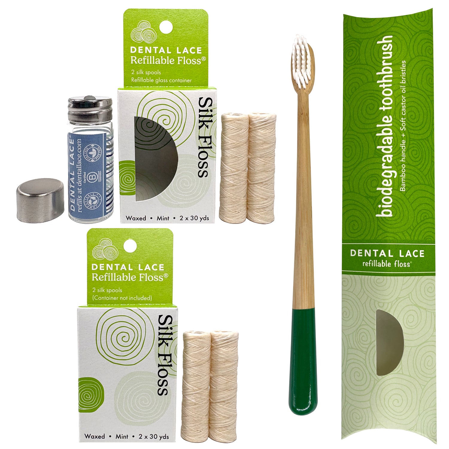 Dental Lace 8 Month PTFE &amp; PFAS Free Silk Floss Bundle with Bamboo Toothbrush