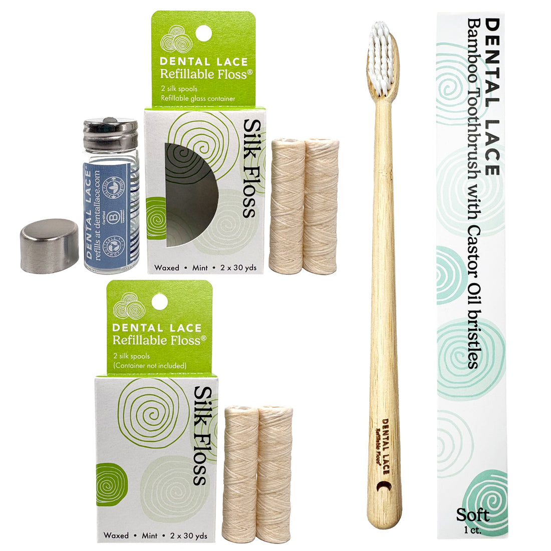 Dental care product set on a white background: a bamboo toothbrush with castor oil bristles, a box of Silk Floss thread, a small bottle of refillable dental lace, and a vertical box labeled Bamboo Toothbrush with Castor Oil bristles.