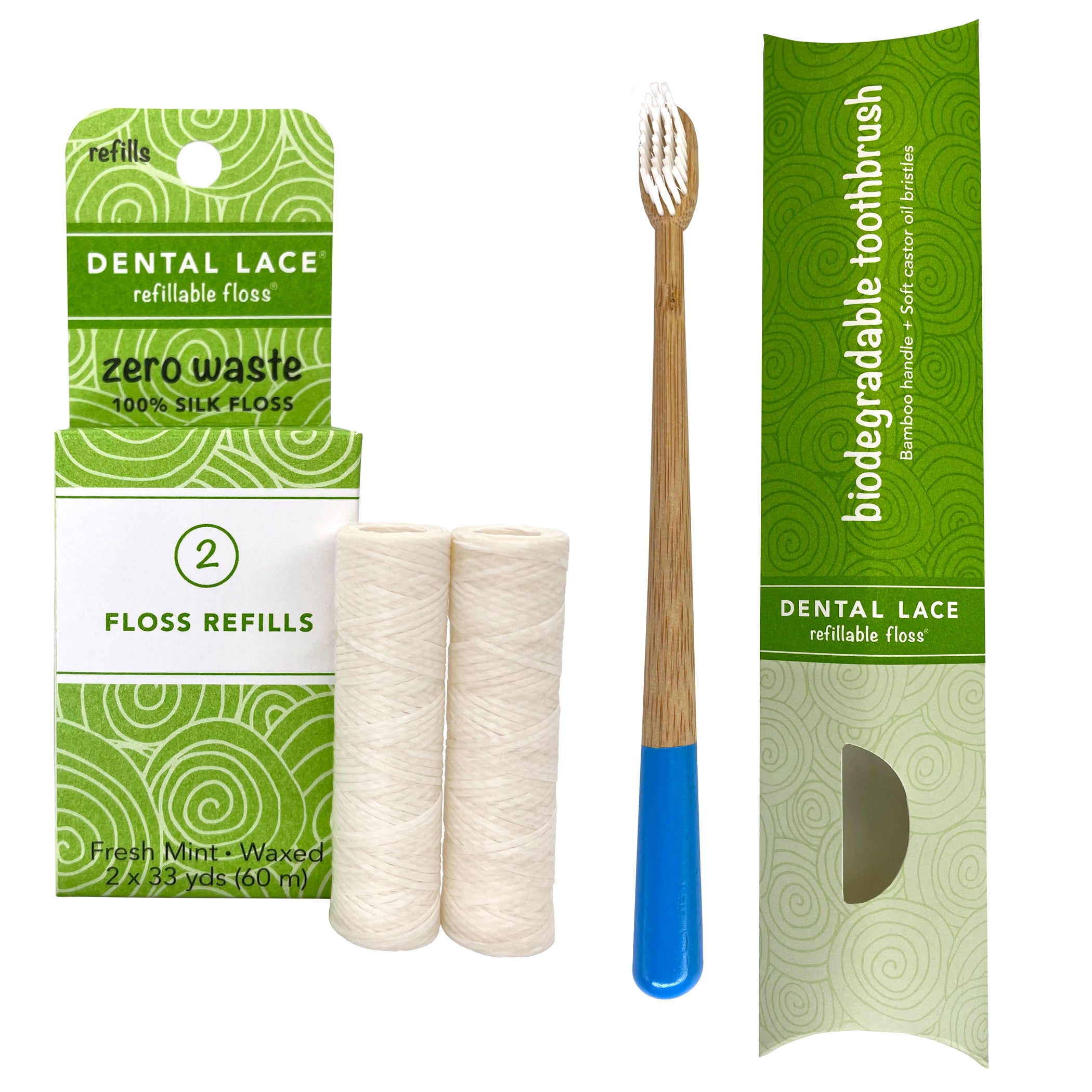 Dental Lace 4 Month PTFE &amp; PFAS Free Silk Floss Refill &amp; Bamboo Toothbrush Bundle