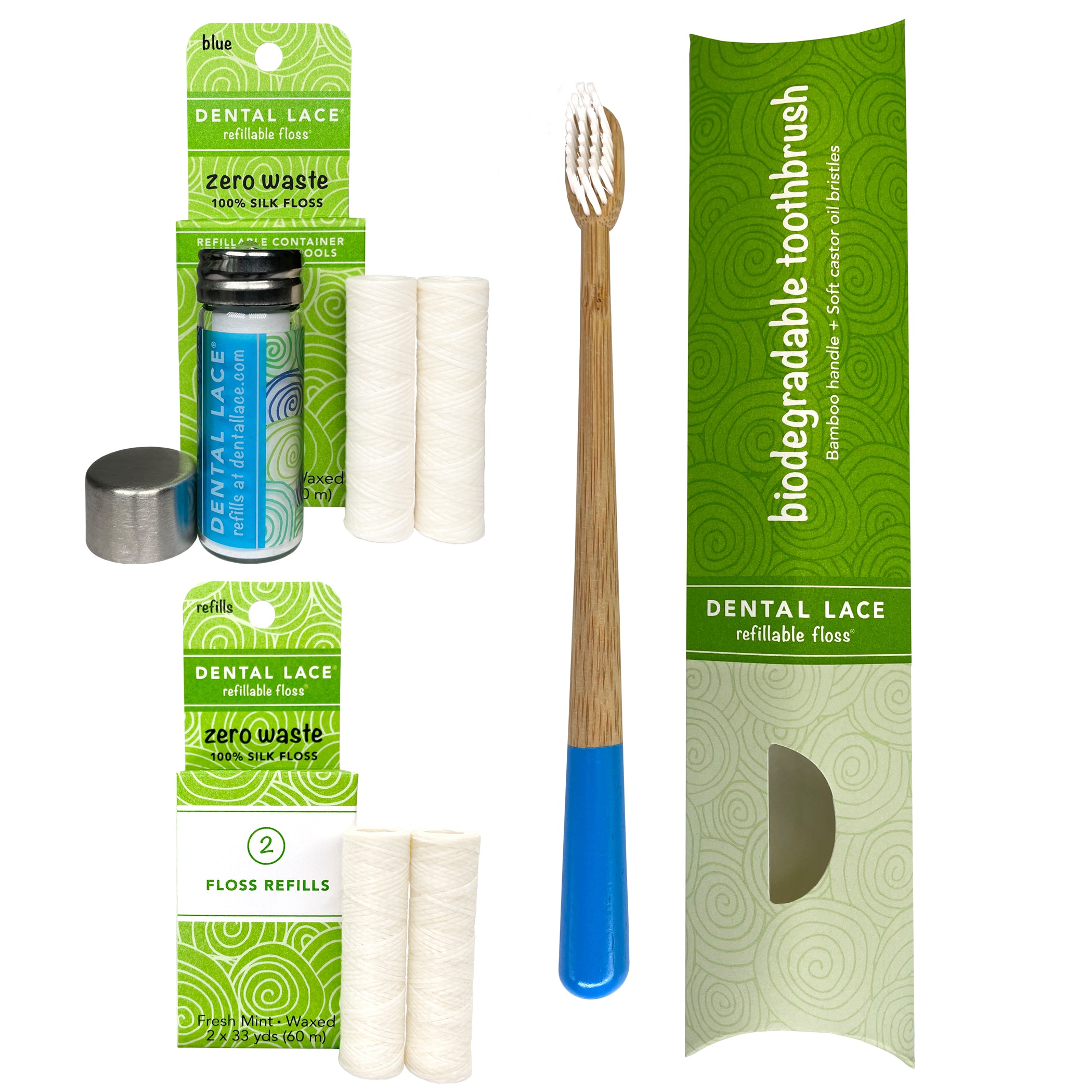 Dental Lace 8 Month PTFE &amp; PFAS Free Silk Floss Bundle with Bamboo Toothbrush