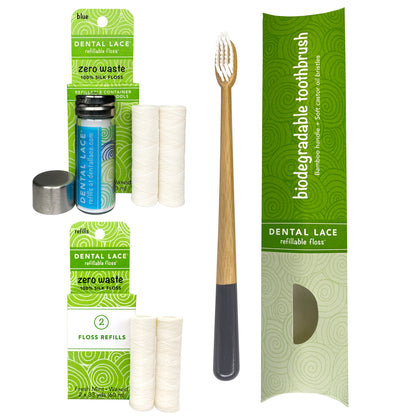 Dental Lace 8 Month PTFE &amp; PFAS Free Silk Floss Bundle with Bamboo Toothbrush