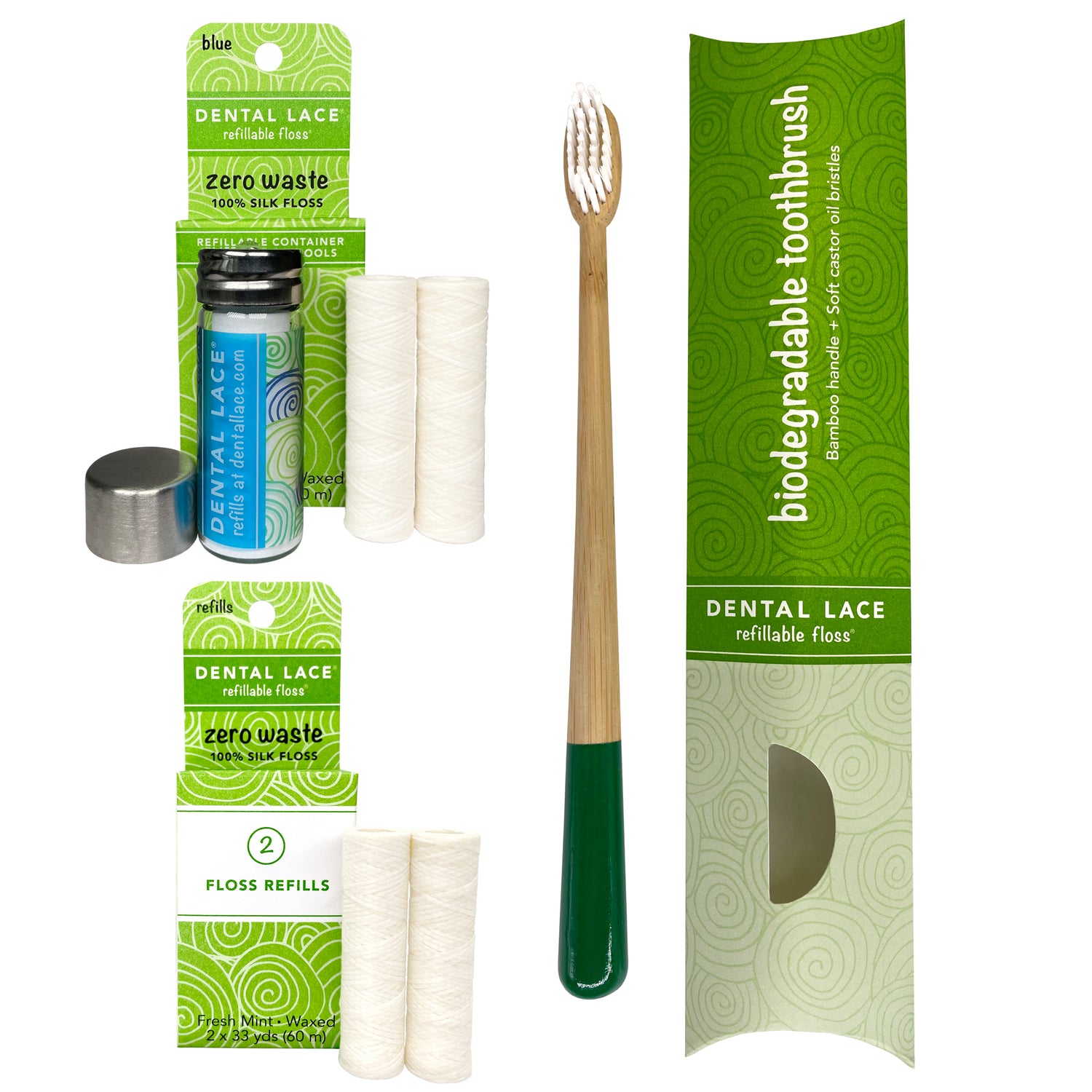Dental Lace 8 Month PTFE &amp; PFAS Free Silk Floss Bundle with Bamboo Toothbrush
