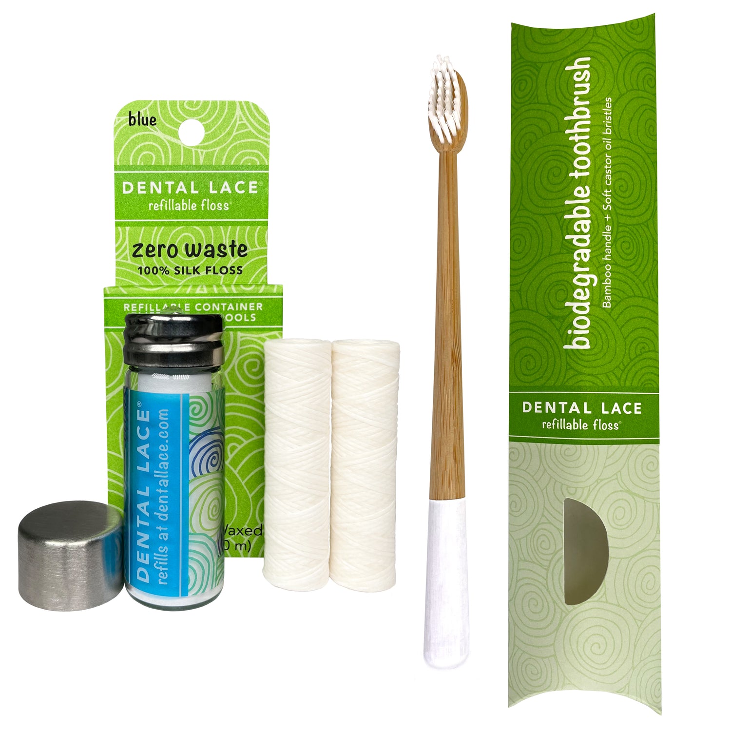 Dental Lace 4 Month PTFE &amp; PFAS Free Silk Floss &amp; Bamboo Toothbrush Bundle