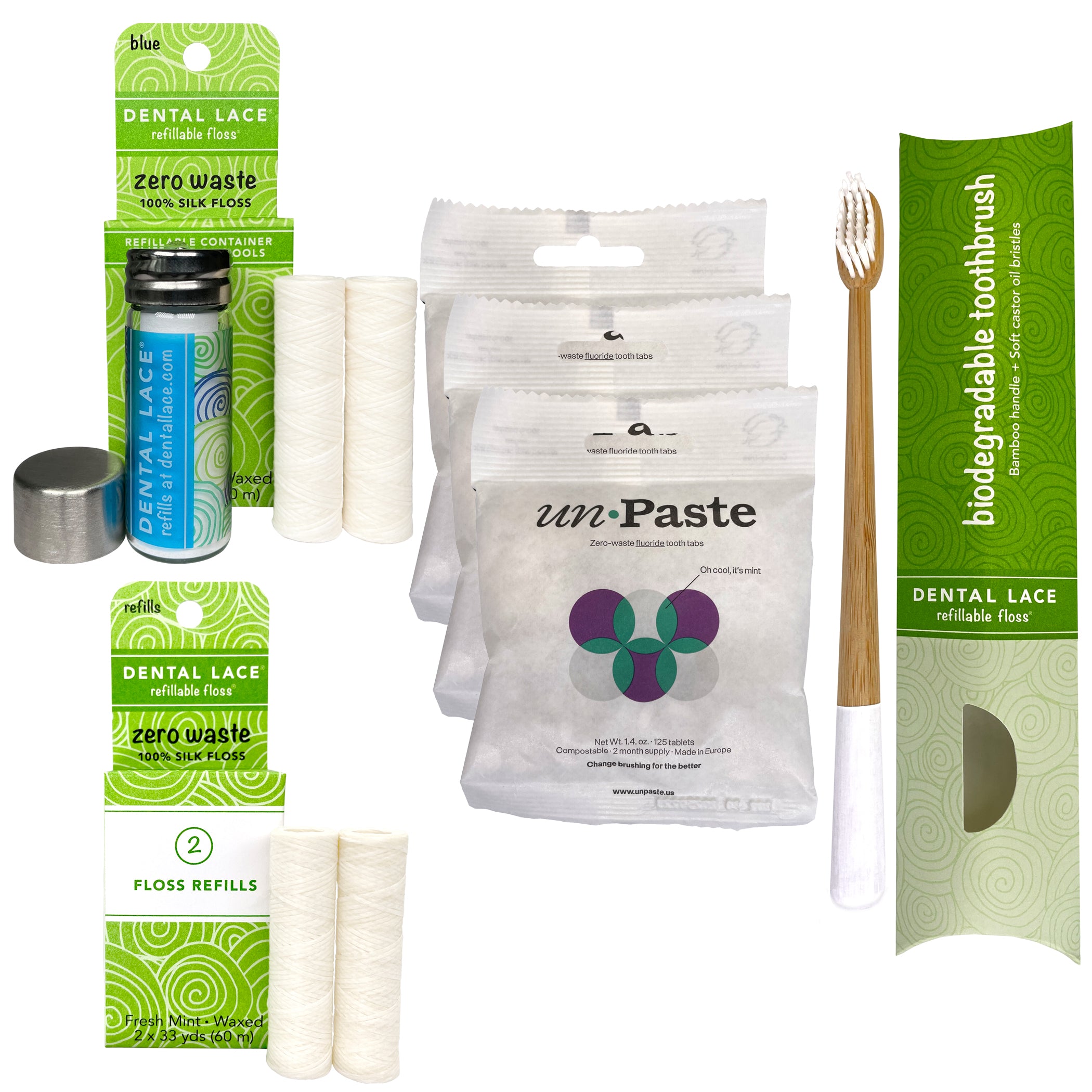 Dental Lace 8 Month PTFE &amp; PFAS Free Silk Floss Bundle with Bamboo Toothbrush &amp; 6 Month Supply of Fluoride Toothpaste Tablets
