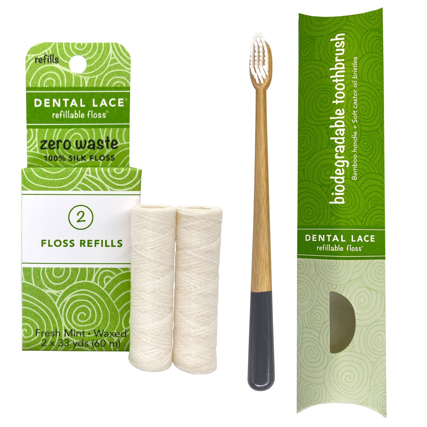 Dental Lace 4 Month PTFE &amp; PFAS Free Silk Floss Refill &amp; Bamboo Toothbrush Bundle