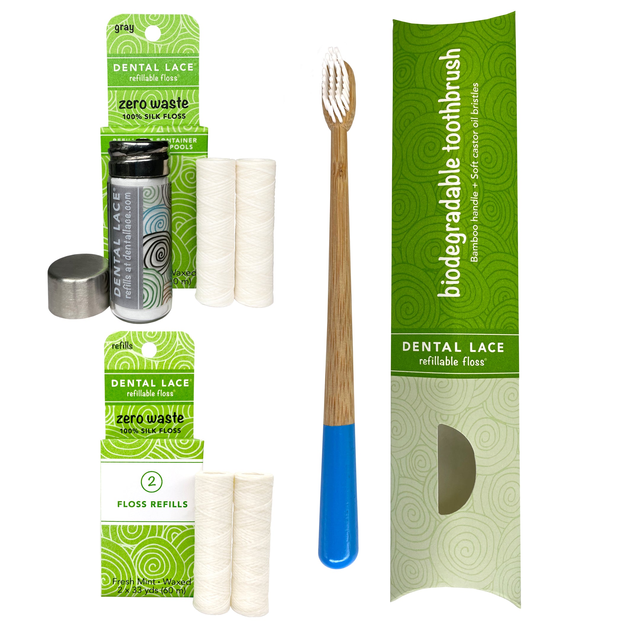 Dental Lace 8 Month PTFE &amp; PFAS Free Silk Floss Bundle with Bamboo Toothbrush