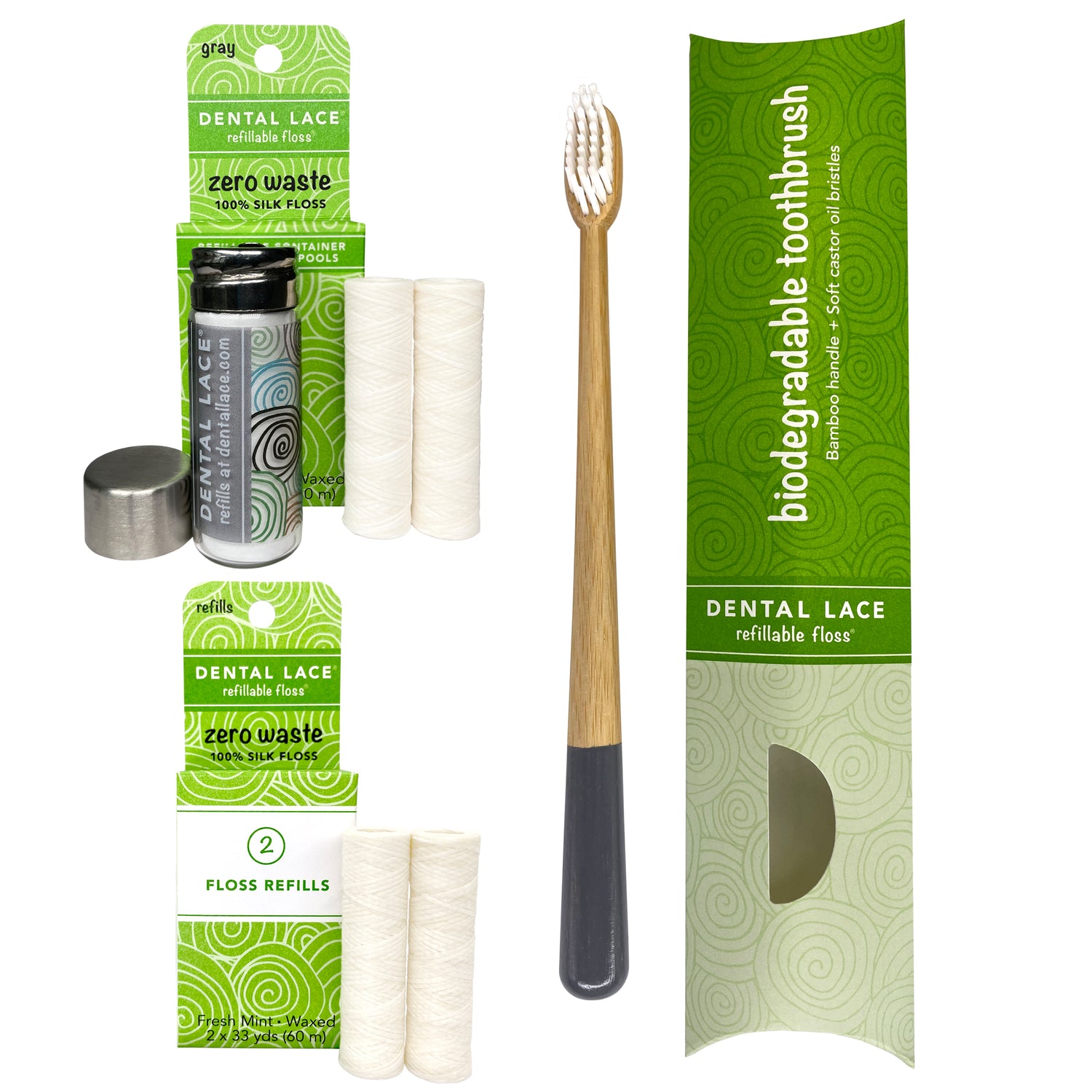 Dental Lace 8 Month PTFE &amp; PFAS Free Silk Floss Bundle with Bamboo Toothbrush