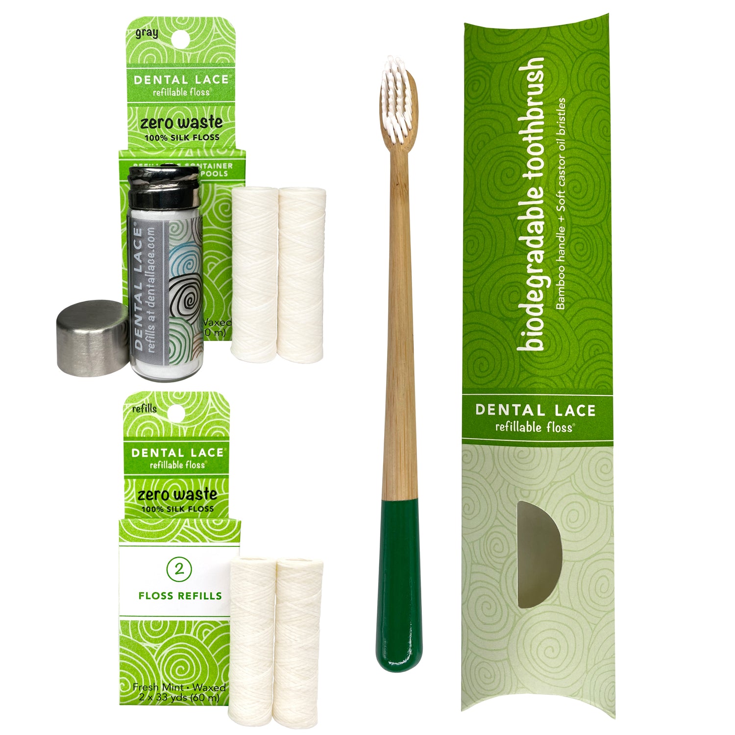 Dental Lace 8 Month PTFE &amp; PFAS Free Silk Floss Bundle with Bamboo Toothbrush